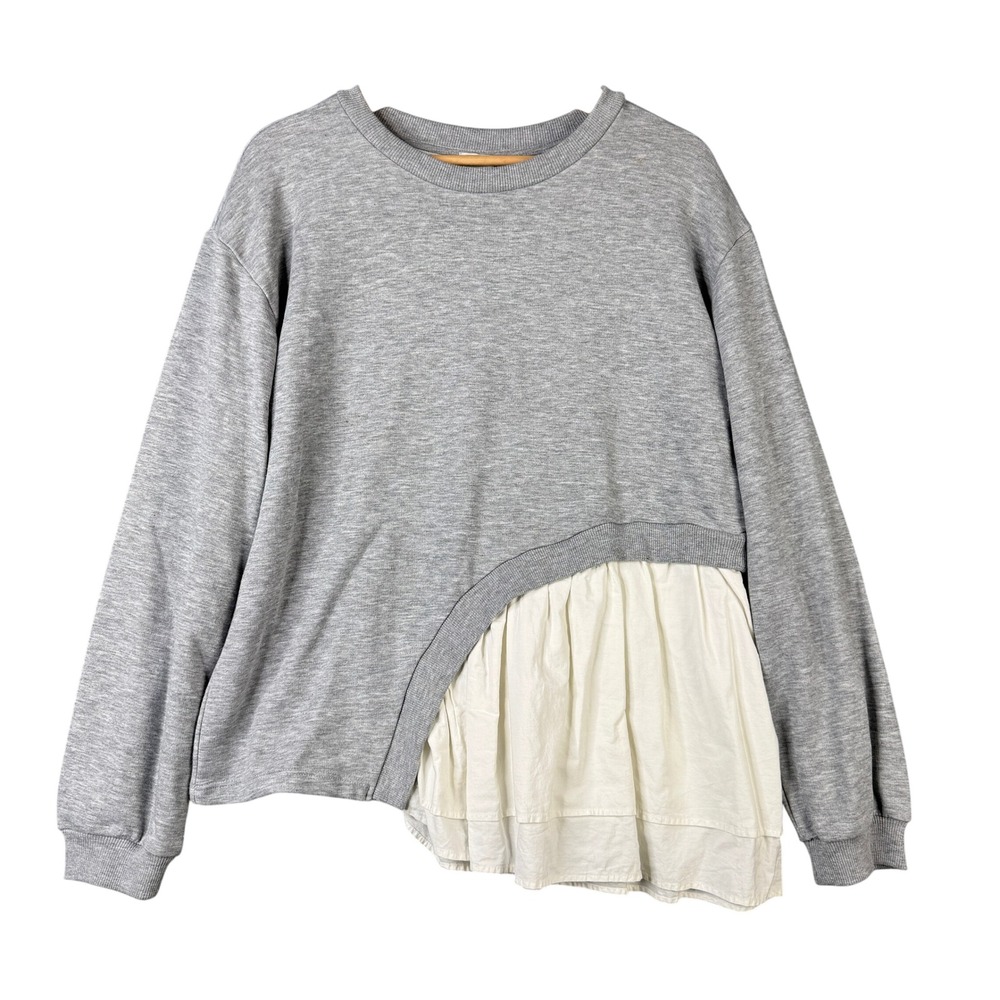 Maeve Anthropologie Mixed Media Asymmetric Ruffle Sweatshirt Gray White M
